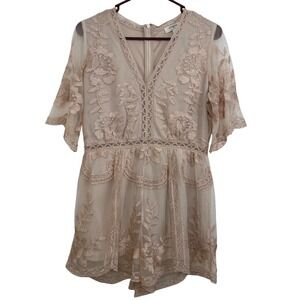 Umgee‎ USA Blush Pink Boho Sheer Mesh Floral Embroidered Peasant Top M Flutter S